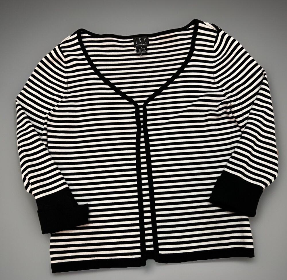 INC (Int’l Concept) Striped Cardigan W Stretch 3/4 Sleeve Back & White Womens M